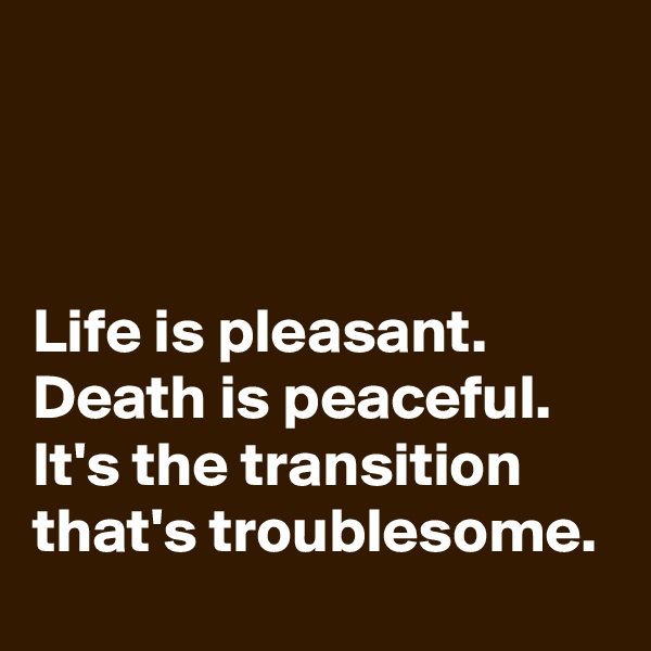 



Life is pleasant. Death is peaceful. It's the transition that's troublesome.