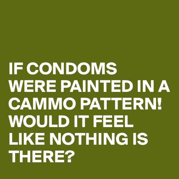 


IF CONDOMS
WERE PAINTED IN A CAMMO PATTERN!
WOULD IT FEEL LIKE NOTHING IS THERE?