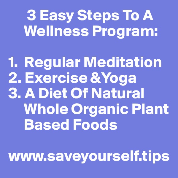       3 Easy Steps To A    
     Wellness Program:

1.  Regular Meditation
2. Exercise &Yoga
3. A Diet Of Natural 
     Whole Organic Plant 
     Based Foods

www.saveyourself.tips