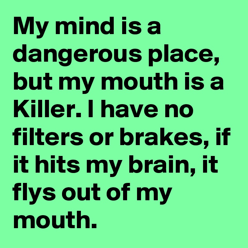 My mind is a dangerous place, but my mouth is a Killer. I have no filters or brakes, if it hits my brain, it flys out of my mouth.