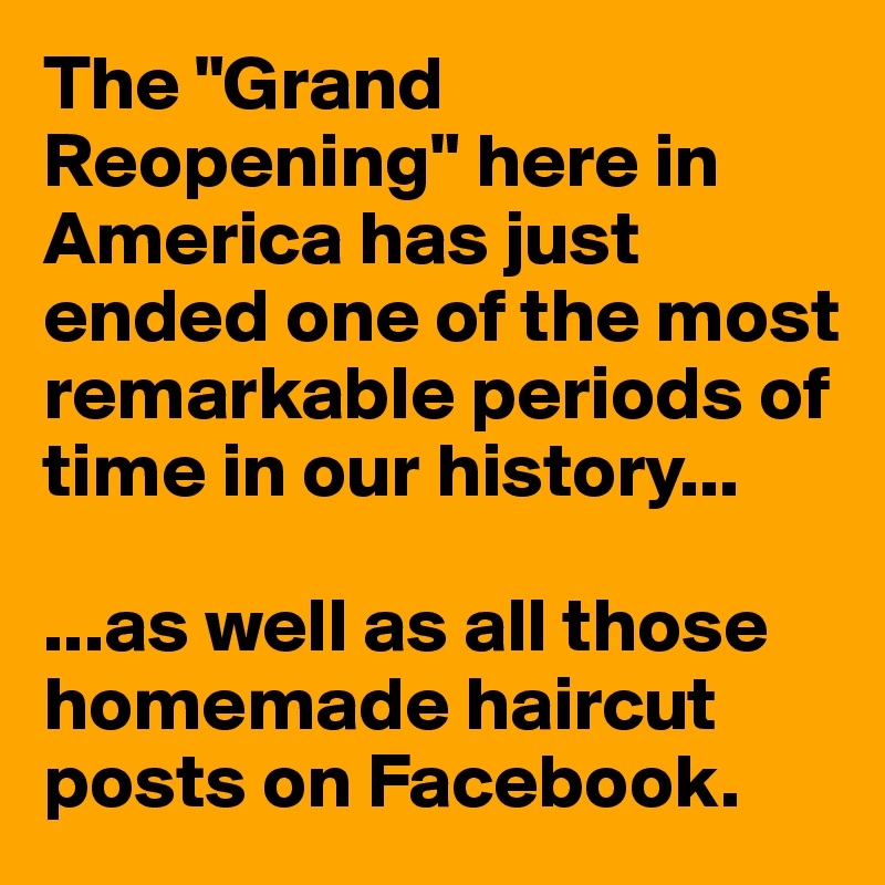 The "Grand Reopening" here in America has just ended one of the most remarkable periods of time in our history...

...as well as all those homemade haircut posts on Facebook.