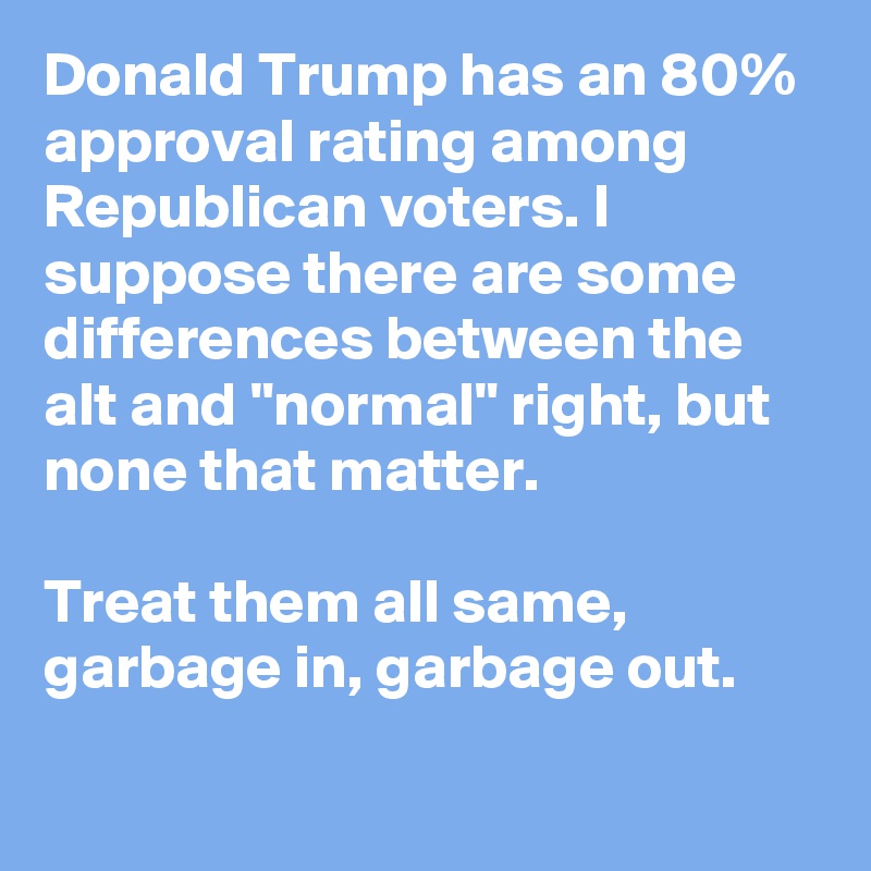 Donald Trump has an 80% approval rating among Republican voters. I suppose there are some differences between the alt and "normal" right, but none that matter.

Treat them all same, garbage in, garbage out.