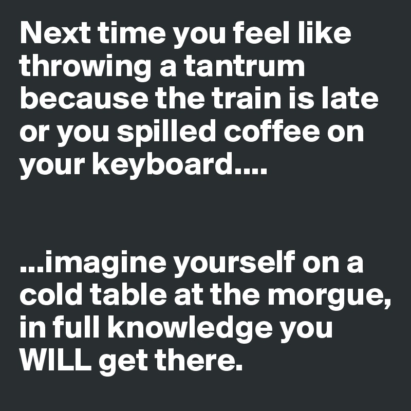 Next time you feel like throwing a tantrum because the train is late or you spilled coffee on your keyboard....


...imagine yourself on a cold table at the morgue, in full knowledge you WILL get there.