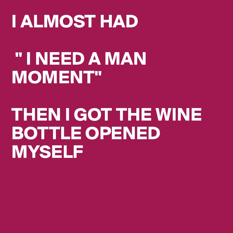 I ALMOST HAD

 " I NEED A MAN MOMENT"

THEN I GOT THE WINE BOTTLE OPENED MYSELF


