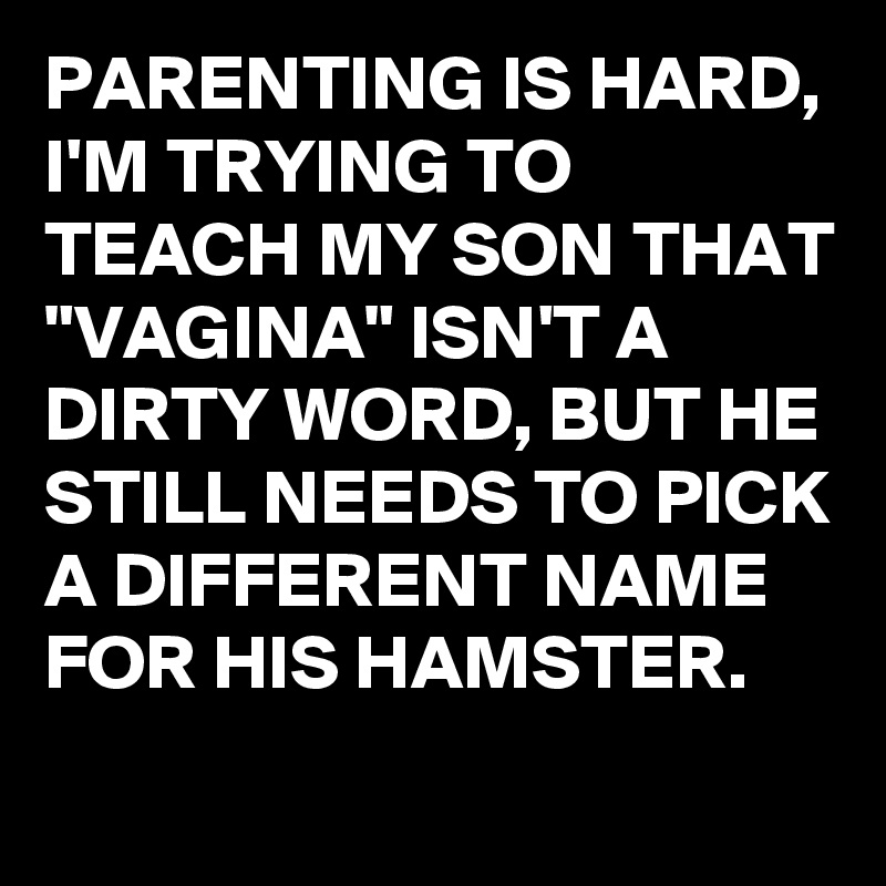 PARENTING IS HARD, I'M TRYING TO TEACH MY SON THAT
"VAGINA" ISN'T A DIRTY WORD, BUT HE STILL NEEDS TO PICK A DIFFERENT NAME FOR HIS HAMSTER.