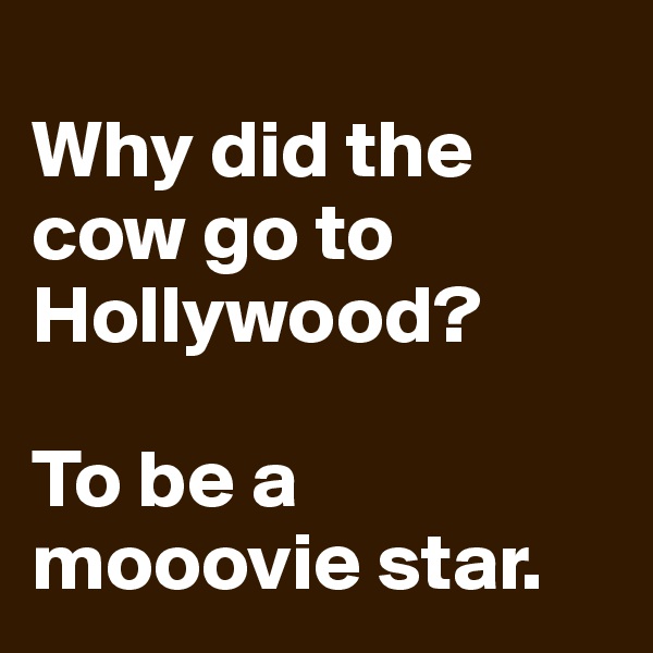 
Why did the cow go to Hollywood?

To be a mooovie star. 