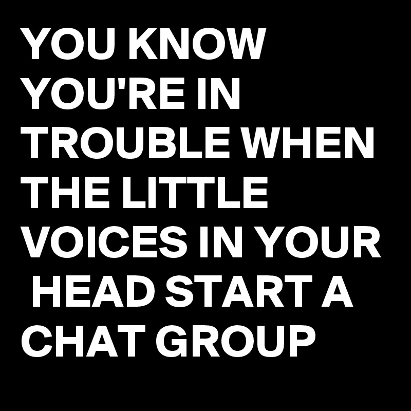 YOU KNOW YOU'RE IN TROUBLE WHEN THE LITTLE VOICES IN YOUR  HEAD START A CHAT GROUP