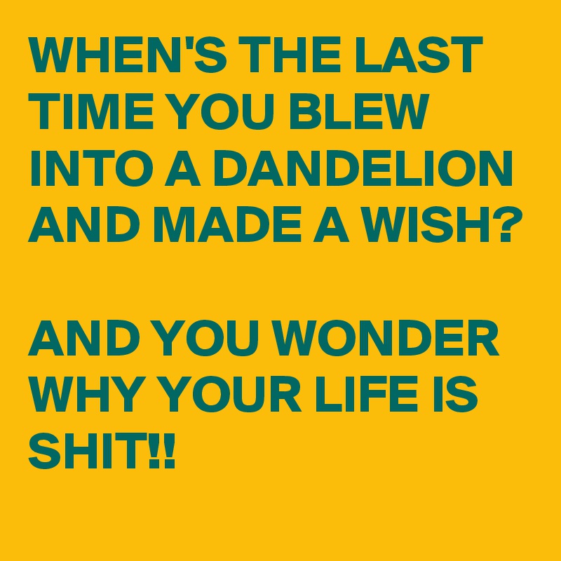 WHEN'S THE LAST TIME YOU BLEW INTO A DANDELION AND MADE A WISH? 

AND YOU WONDER WHY YOUR LIFE IS SHIT!!