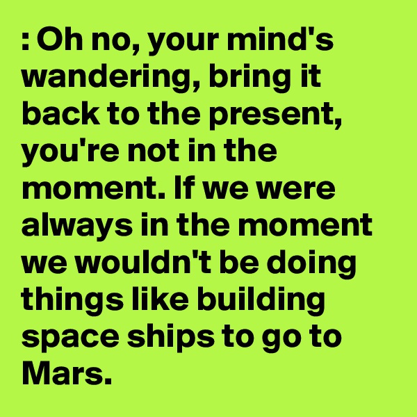 : Oh no, your mind's wandering, bring it back to the present, you're not in the moment. If we were always in the moment we wouldn't be doing things like building space ships to go to Mars.