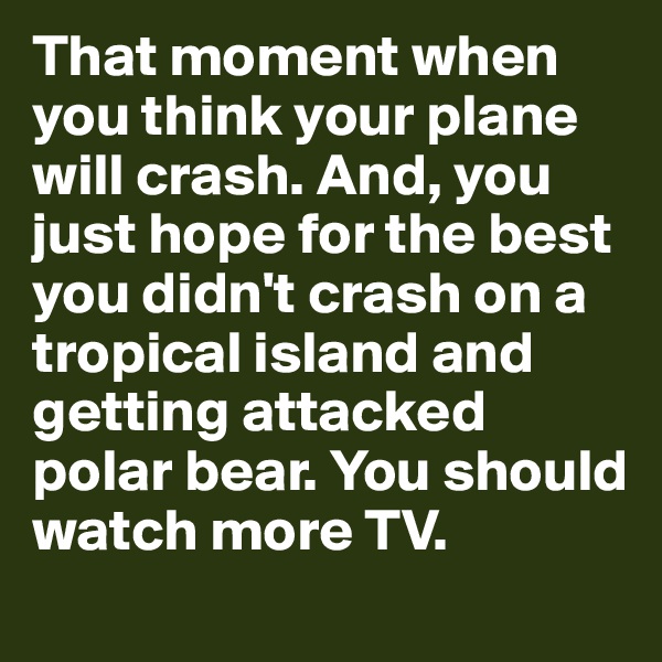 That moment when you think your plane will crash. And, you just hope for the best you didn't crash on a tropical island and getting attacked polar bear. You should watch more TV.