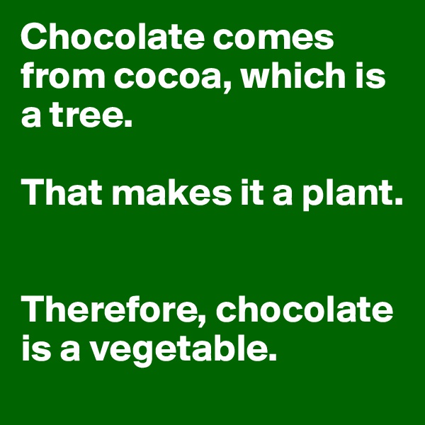 Chocolate comes from cocoa, which is a tree.

That makes it a plant.


Therefore, chocolate is a vegetable.
