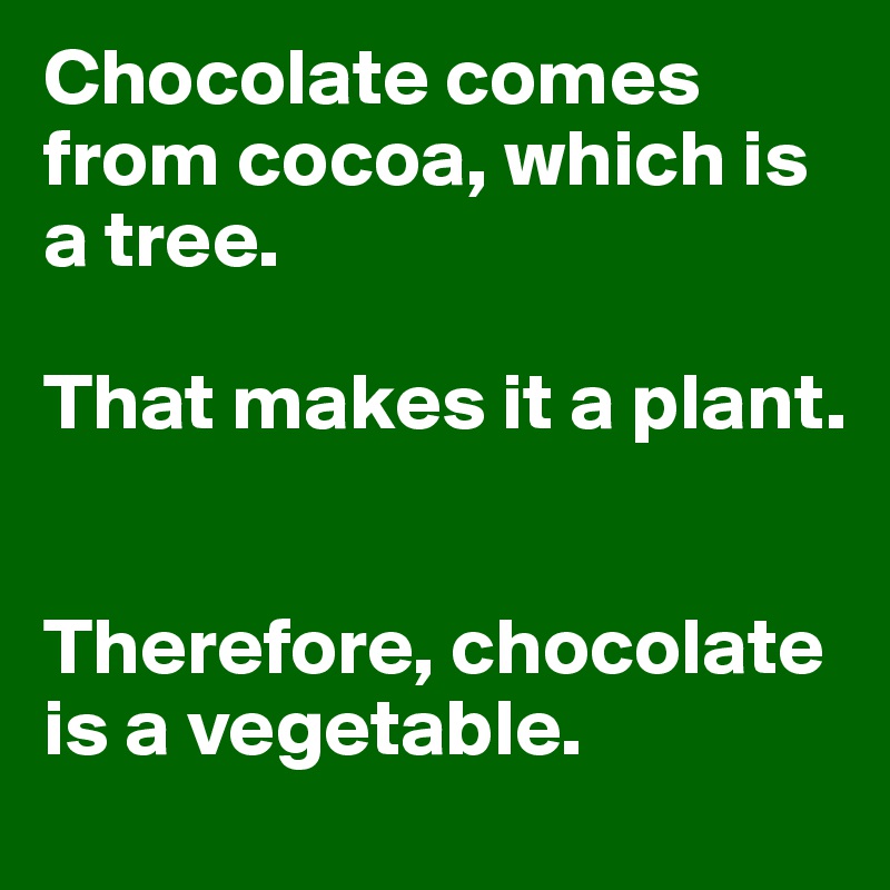 Chocolate comes from cocoa, which is a tree.

That makes it a plant.


Therefore, chocolate is a vegetable.