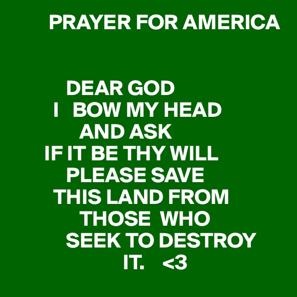         PRAYER FOR AMERICA


            DEAR GOD
         I   BOW MY HEAD
               AND ASK 
       IF IT BE THY WILL
            PLEASE SAVE
         THIS LAND FROM
               THOSE  WHO
            SEEK TO DESTROY
                         IT.    <3 