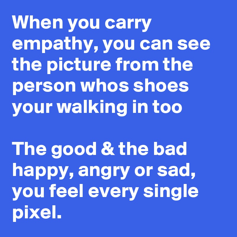 When you carry empathy, you can see the picture from the person whos shoes your walking in too

The good & the bad happy, angry or sad, you feel every single pixel.