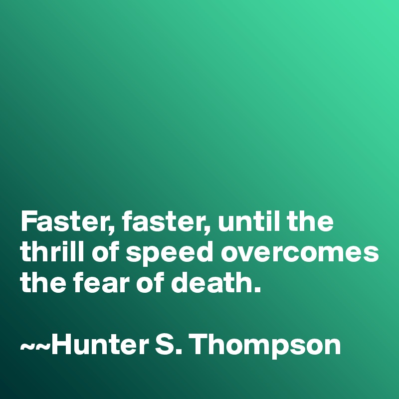 





Faster, faster, until the thrill of speed overcomes the fear of death. 

~~Hunter S. Thompson