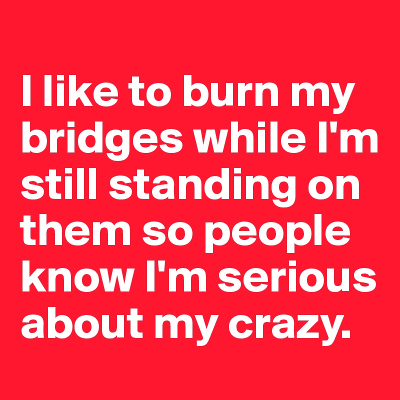 
I like to burn my bridges while I'm still standing on them so people know I'm serious about my crazy.