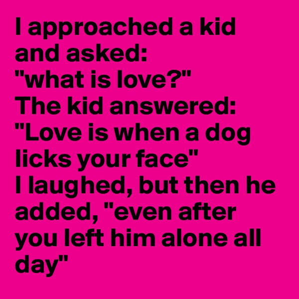 I approached a kid and asked: 
"what is love?" 
The kid answered: "Love is when a dog licks your face" 
I laughed, but then he added, "even after you left him alone all day" 