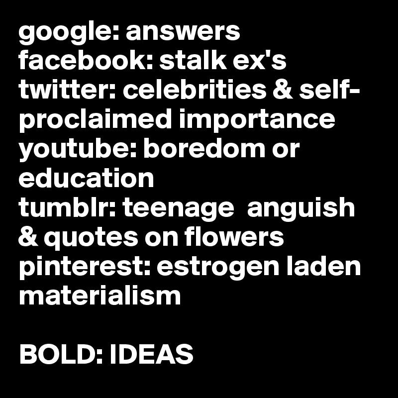google: answers
facebook: stalk ex's
twitter: celebrities & self-proclaimed importance
youtube: boredom or education 
tumblr: teenage  anguish & quotes on flowers
pinterest: estrogen laden materialism

BOLD: IDEAS