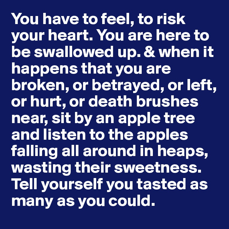 You have to feel, to risk your heart. You are here to be swallowed up. & when it happens that you are broken, or betrayed, or left, or hurt, or death brushes near, sit by an apple tree and listen to the apples falling all around in heaps, wasting their sweetness. Tell yourself you tasted as many as you could.