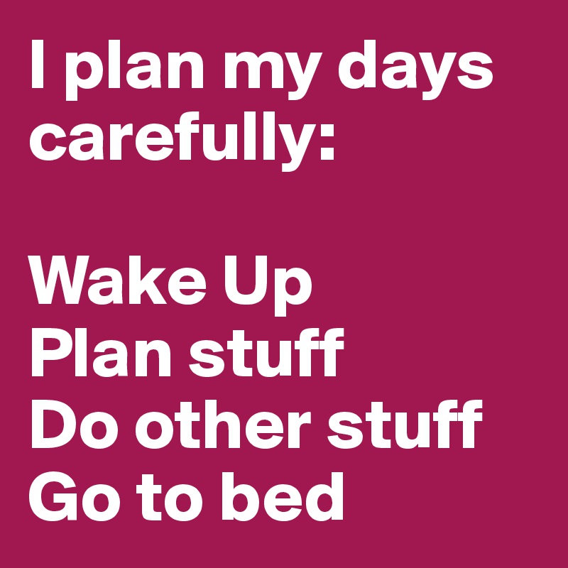 I plan my days carefully:

Wake Up
Plan stuff
Do other stuff
Go to bed