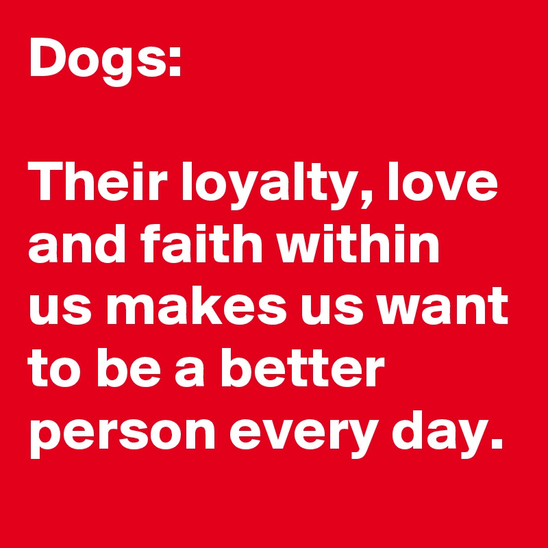 Dogs:

Their loyalty, love and faith within us makes us want to be a better person every day.