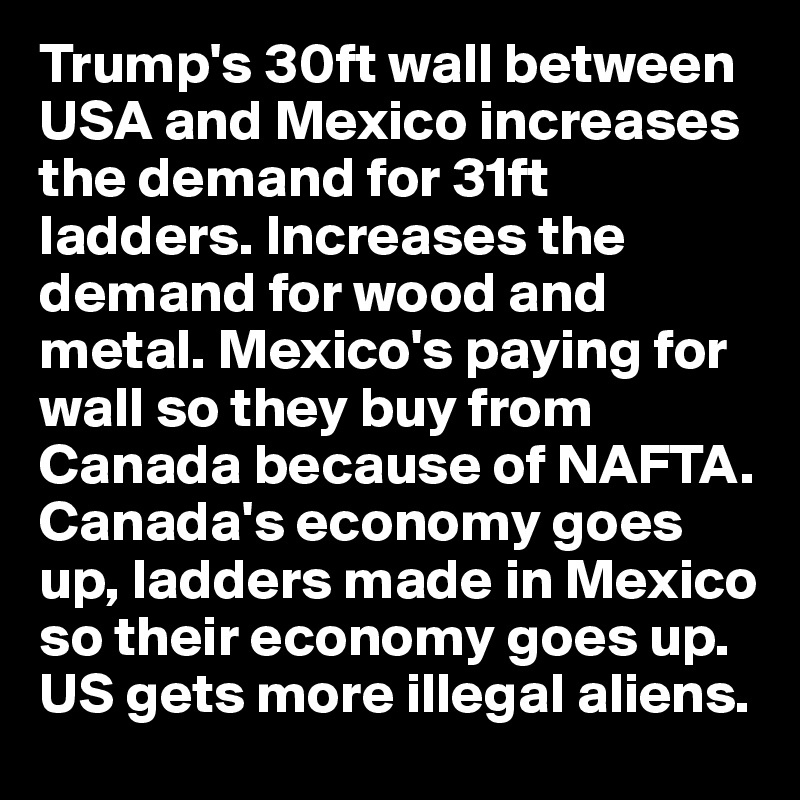 Trump's 30ft wall between USA and Mexico increases the demand for 31ft ladders. Increases the demand for wood and metal. Mexico's paying for wall so they buy from Canada because of NAFTA. Canada's economy goes up, ladders made in Mexico so their economy goes up. US gets more illegal aliens.