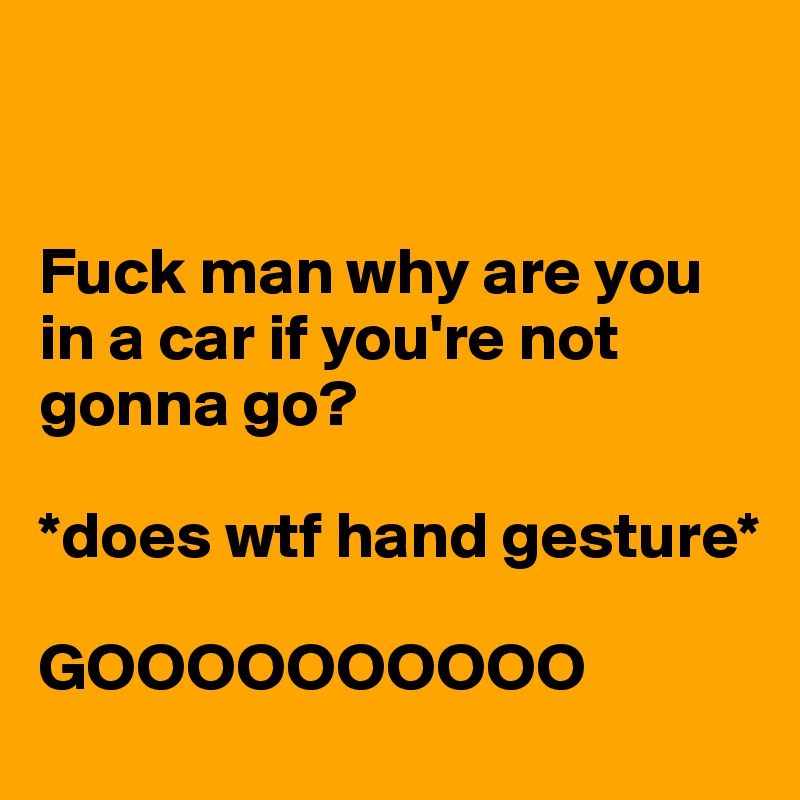 


Fuck man why are you in a car if you're not gonna go?

*does wtf hand gesture*

GOOOOOOOOOO