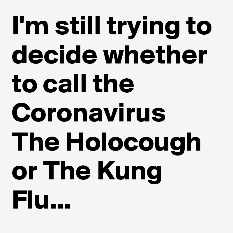 I'm still trying to decide whether to call the Coronavirus The Holocough or The Kung Flu...