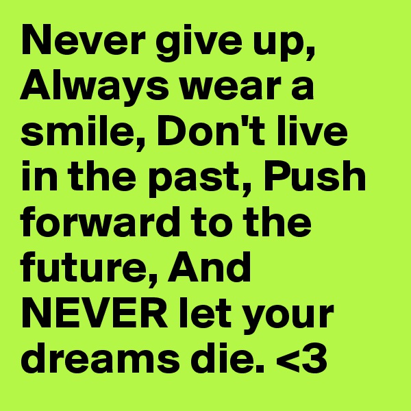 Never give up, Always wear a smile, Don't live in the past, Push forward to the future, And NEVER let your dreams die. <3