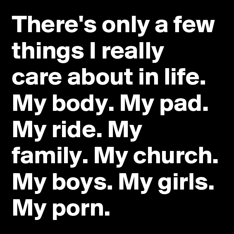 There's only a few things I really care about in life. My body. My pad. My ride. My family. My church. My boys. My girls. My porn. 