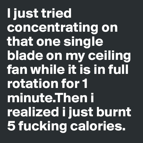 I just tried concentrating on that one single blade on my ceiling fan while it is in full rotation for 1 minute.Then i realized i just burnt 5 fucking calories.