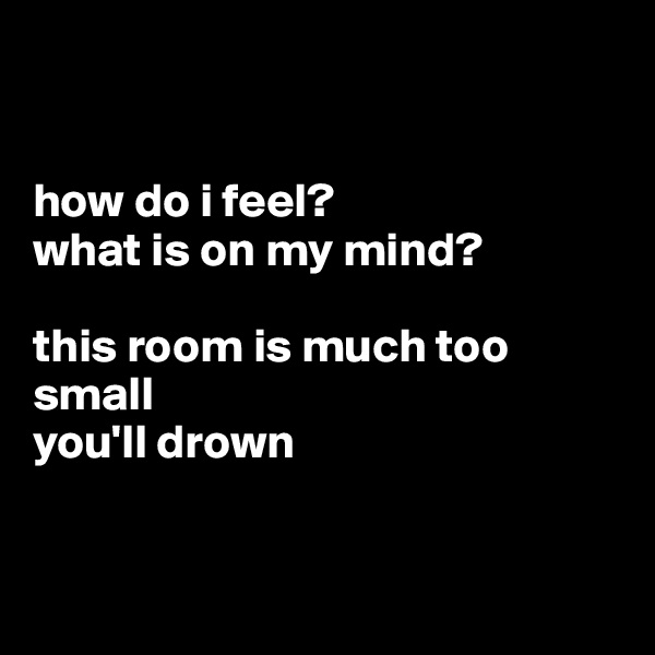 


how do i feel?
what is on my mind?

this room is much too small
you'll drown
 

