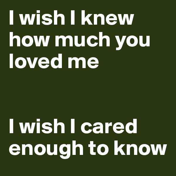 I wish I knew how much you loved me


I wish I cared enough to know
