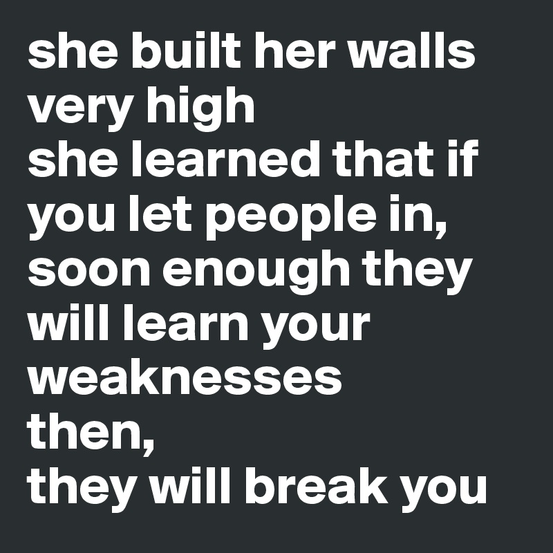 she built her walls very high
she learned that if you let people in, soon enough they will learn your weaknesses
then,
they will break you