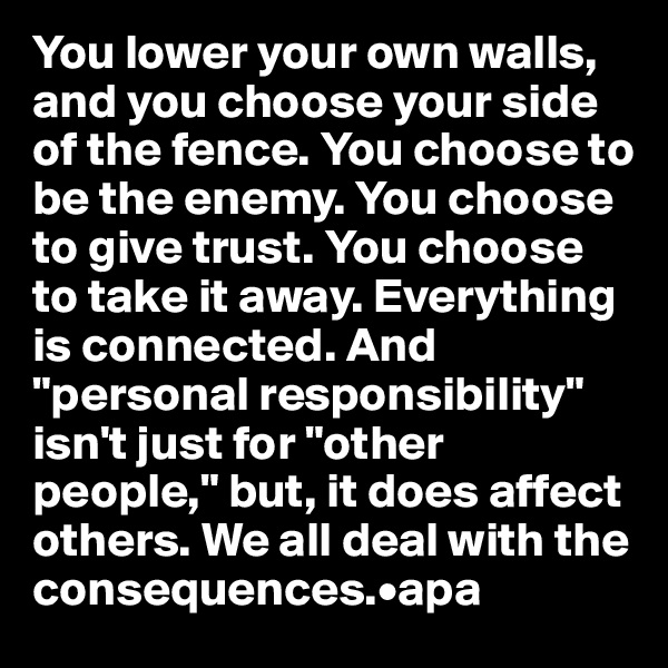 You lower your own walls, and you choose your side of the fence. You choose to be the enemy. You choose to give trust. You choose to take it away. Everything is connected. And "personal responsibility" isn't just for "other people," but, it does affect others. We all deal with the consequences.•apa