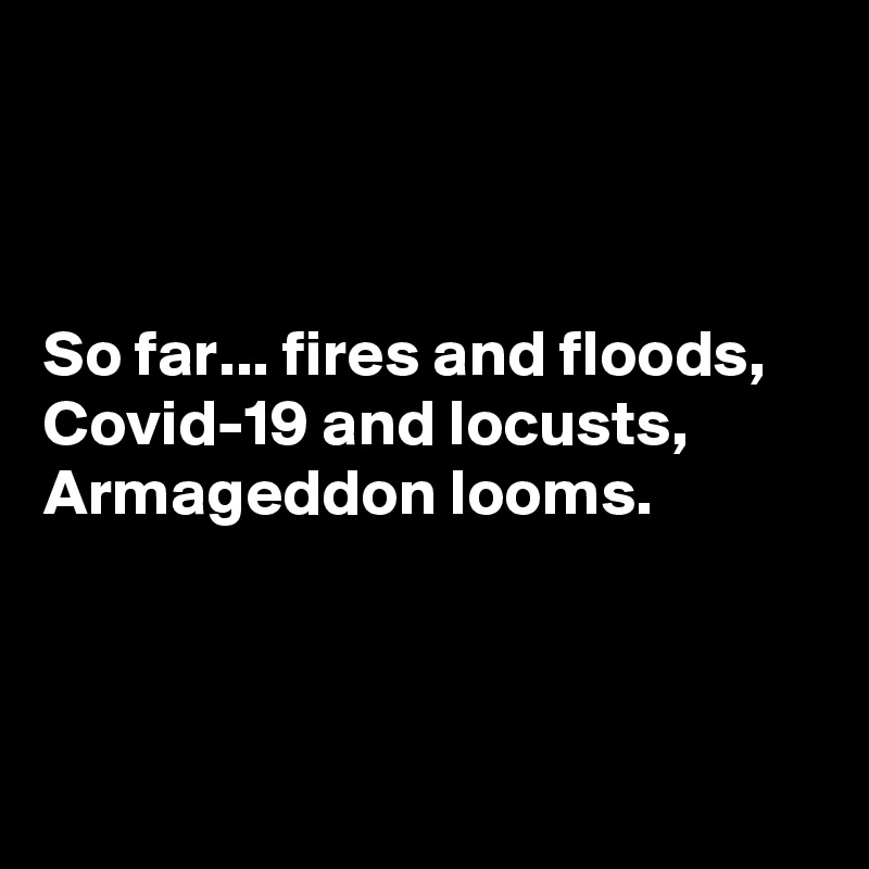 



So far... fires and floods,
Covid-19 and locusts,
Armageddon looms.




