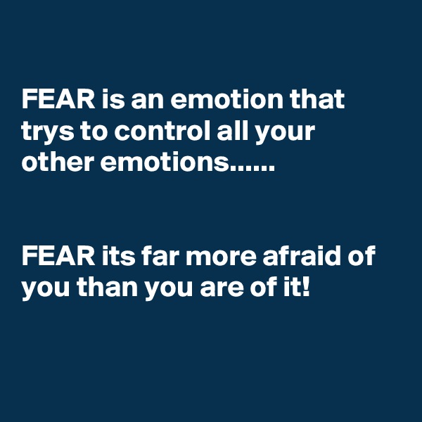 

FEAR is an emotion that trys to control all your other emotions...... 


FEAR its far more afraid of you than you are of it!
  

