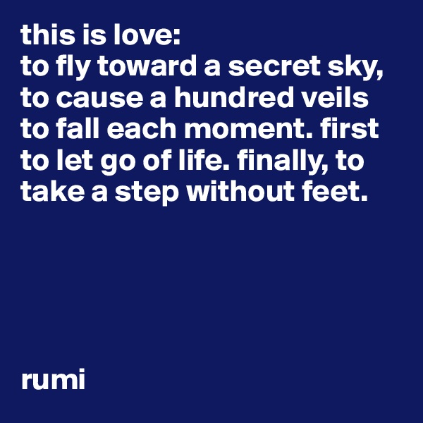 this is love: 
to fly toward a secret sky, to cause a hundred veils to fall each moment. first to let go of life. finally, to take a step without feet.





rumi