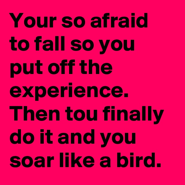 Your so afraid to fall so you put off the experience. Then tou finally do it and you soar like a bird.