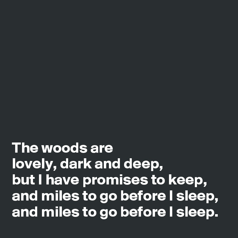 







The woods are 
lovely, dark and deep,
but I have promises to keep,
and miles to go before I sleep,
and miles to go before I sleep.