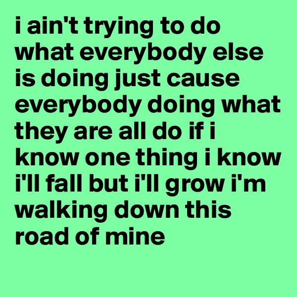 i ain't trying to do what everybody else is doing just cause everybody doing what they are all do if i know one thing i know i'll fall but i'll grow i'm walking down this road of mine