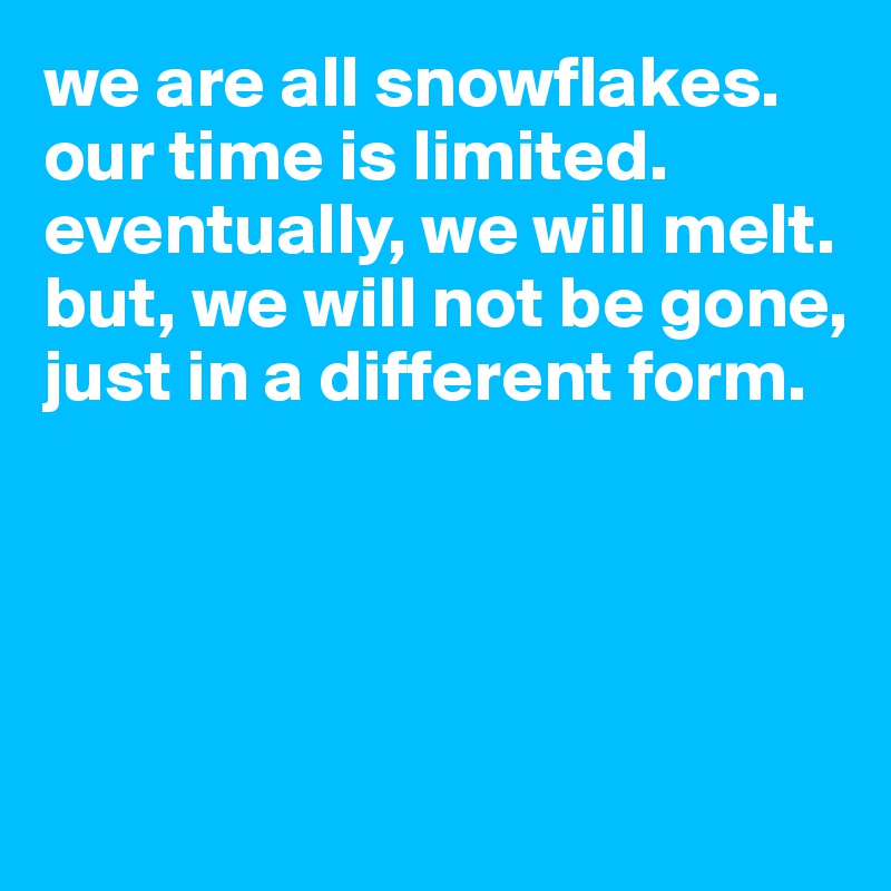 we are all snowflakes. 
our time is limited. 
eventually, we will melt. 
but, we will not be gone, 
just in a different form. 





