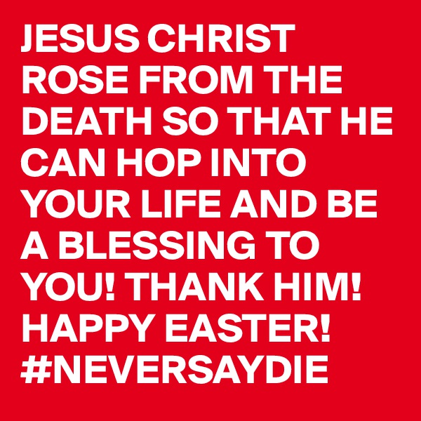 JESUS CHRIST ROSE FROM THE DEATH SO THAT HE CAN HOP INTO YOUR LIFE AND BE A BLESSING TO YOU! THANK HIM! HAPPY EASTER! 
#NEVERSAYDIE 