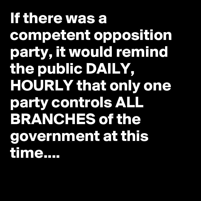 If there was a competent opposition party, it would remind the public DAILY, HOURLY that only one party controls ALL BRANCHES of the government at this time....