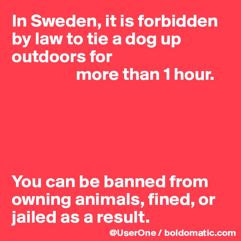 In Sweden, it is forbidden by law to tie a dog up outdoors for
                  more than 1 hour.





You can be banned from owning animals, fined, or jailed as a result.