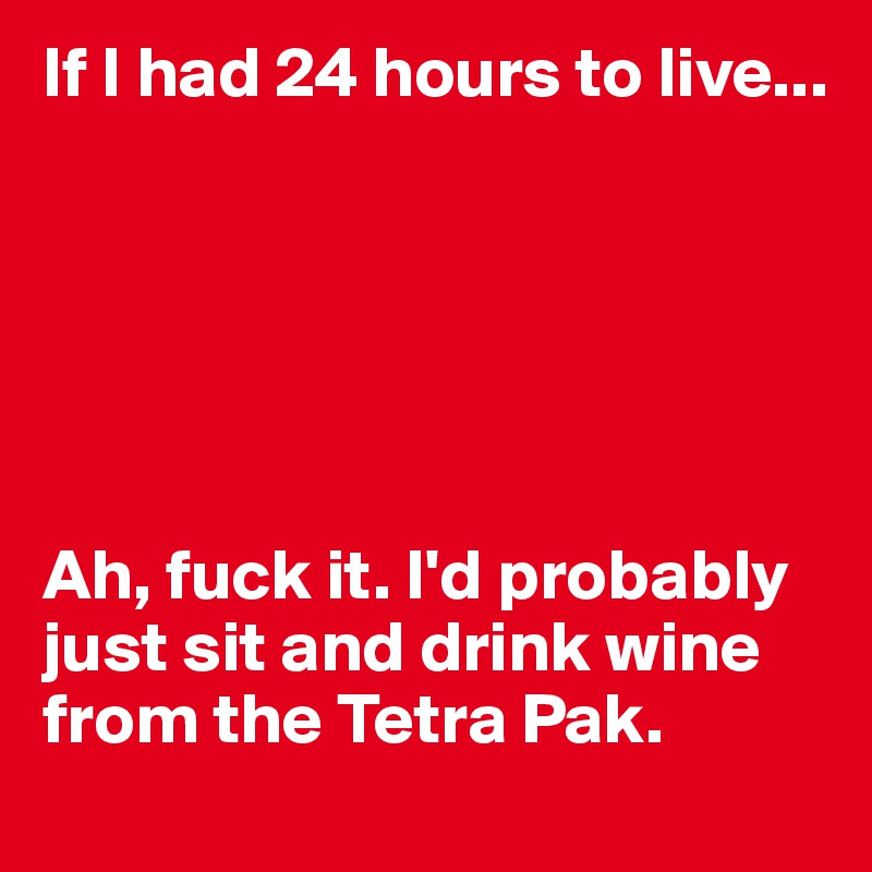 If I had 24 hours to live...






Ah, fuck it. I'd probably just sit and drink wine from the Tetra Pak.
