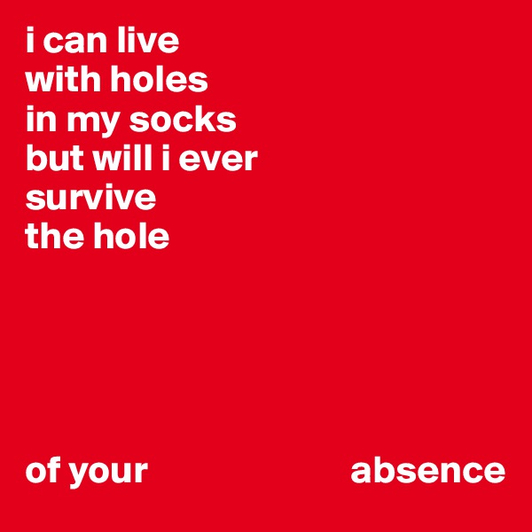 i can live 
with holes 
in my socks 
but will i ever 
survive 
the hole





of your                          absence