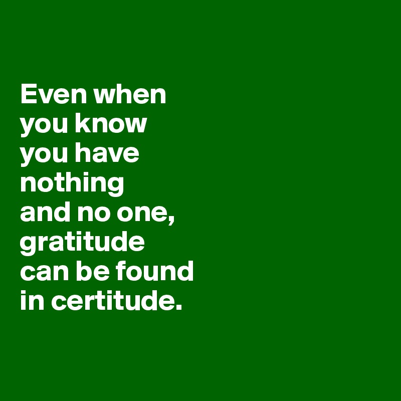 

Even when 
you know 
you have 
nothing 
and no one, 
gratitude 
can be found 
in certitude.

