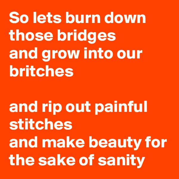 So lets burn down those bridges 
and grow into our britches
 
and rip out painful stitches 
and make beauty for the sake of sanity