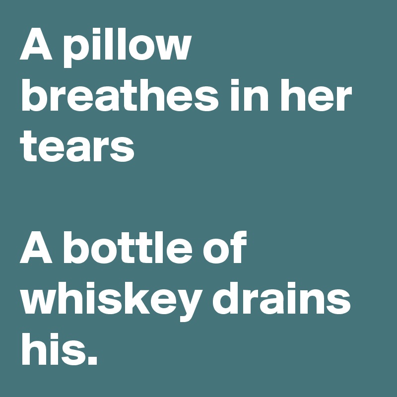 A pillow breathes in her tears

A bottle of whiskey drains his.